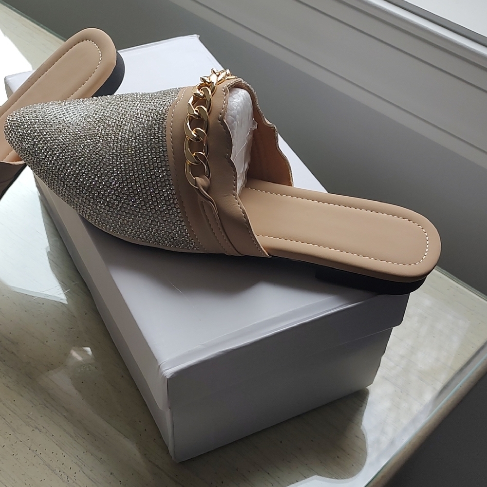 Rhinestone Pointed Toe Slip-On Mules in Beige - Picture 4 of 6